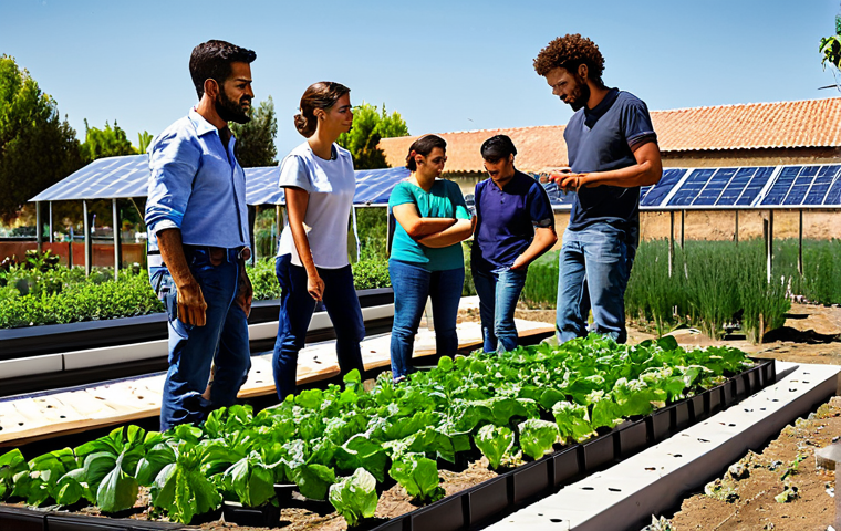 Collaborative Community Project**
"Diverse group collaborating on a community garden project, fully clothed, appropriate attire. Solar panels visible on nearby building. Safe for work, professional, perfect anatomy, natural proportions, community engagement, Madrid setting."
**