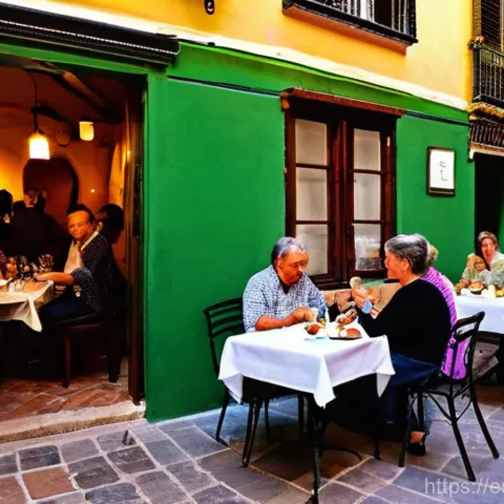 지식 활용 실천 프로젝트 평가 기준 - A vibrant, authentic street scene in a historic Spanish city. Imagine a narrow, cobblestone alleyway...