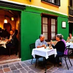 지식 활용 실천 프로젝트 평가 기준 - A vibrant, authentic street scene in a historic Spanish city. Imagine a narrow, cobblestone alleyway...