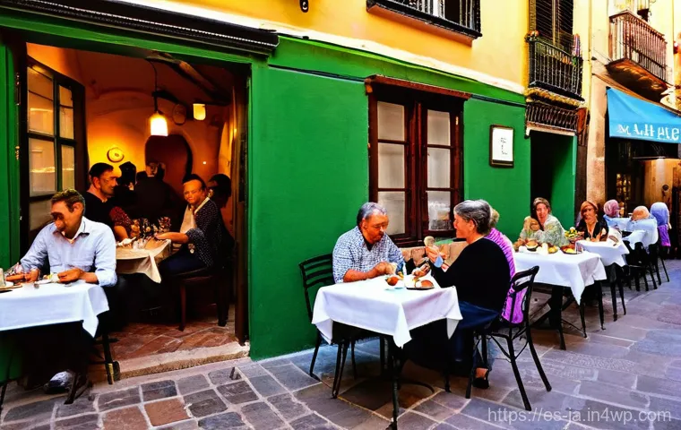 지식 활용 실천 프로젝트 평가 기준 - A vibrant, authentic street scene in a historic Spanish city. Imagine a narrow, cobblestone alleyway...